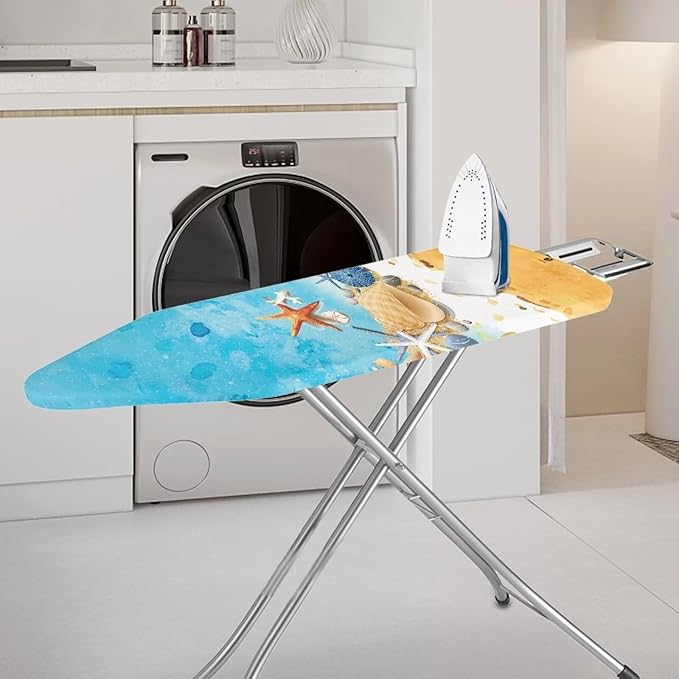 Beach Starfish Shells Non Stick Scorch Ironing Board Cover, Stain Resistant Easy to Install & Clean Fabric Iron Pad Covers with 3 Hooks and Loops for Living Room Decor
