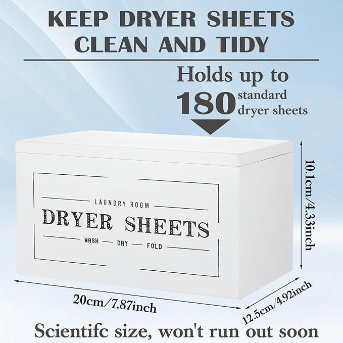 Farmhouse Dryer Sheet Holder with Lid - Rustic Dryer Sheet Dispenser Laundry Room Decor Accessory, White