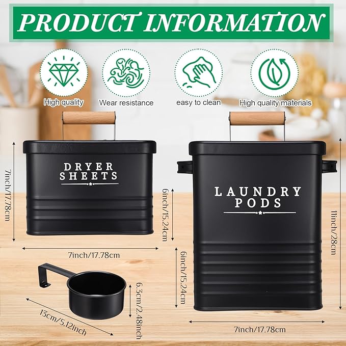 2 Pcs Laundry Pod Container with Dryer Sheet Holder Farmhouse Laundry Room Decor Organization and Storage Detergent Container Box with Lid Handle Metal Dryer Sheet Dispenser(Black)
