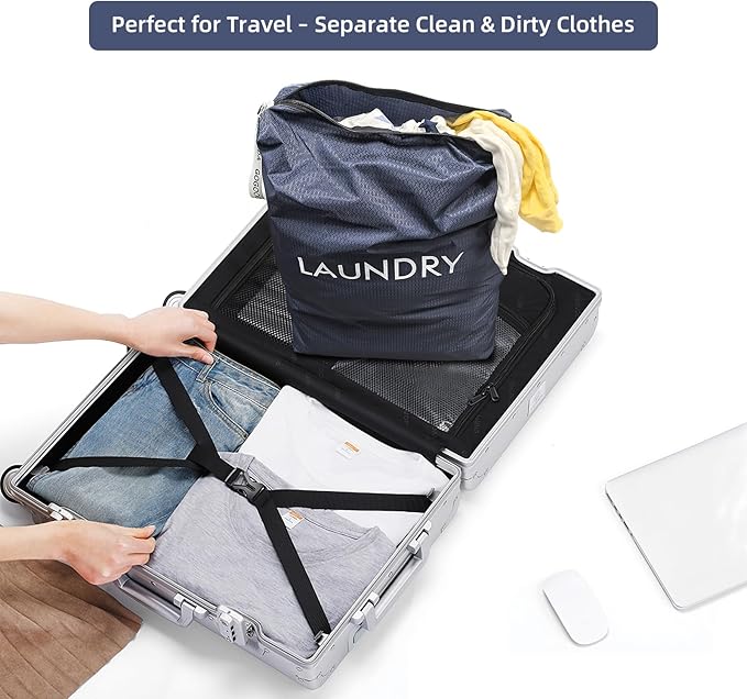 GOGOODA Travel Laundry Bags – Packable & Splash-Resistant Clothes Organizer with Handle | Lightweight, Foldable & Space-Saving for Suitcase, Gym, Beach & Business Trips (Navy Blue & Orange)