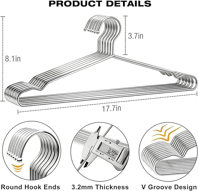 40 Pack Clothes Hangers, METLUCK 17.7 Inch Metal Hangers Heavy Duty Wire Coat Hangers with Non-Slip Notch, Strong Stainless Steel Clothing Hanger Space Saving for Closet, Silver