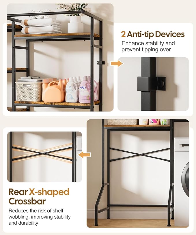 Homde Over The Washer and Dryer Storage Shelf, 5-Tier Heavy Duty Laundry Room Organizer Standing Shelf with Hanger Rod & Anti-Tip, Space Saving Rust Proof Shelving for Bathroom, Balcony