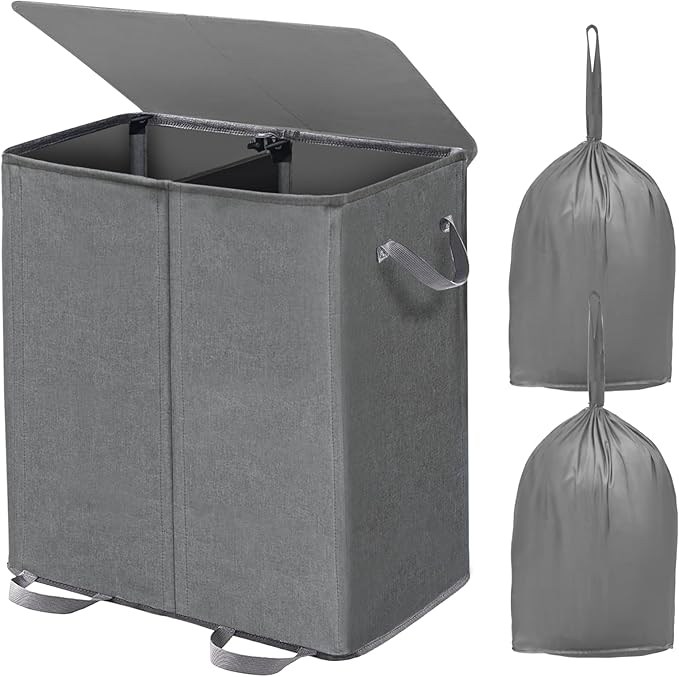 Double Laundry Hamper with Lid and Removable Bags, Laundry Basket 2 Section, Double Hampers for Laundry, Large Divided Hamper, Dual Laundry Hamper 2 Section with Handles Dorm 140L Grey