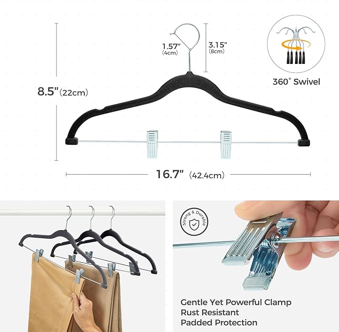 HOUSE DAY Velvet Hangers with Adjustable Clips 10 Pack, Non-Slip Suit Organizer with 360° Hook - Heavy Duty Hanger for Pants, Skirts, Blouses, Dresses - Outfit Hangers All-Season Space Saver (Black)