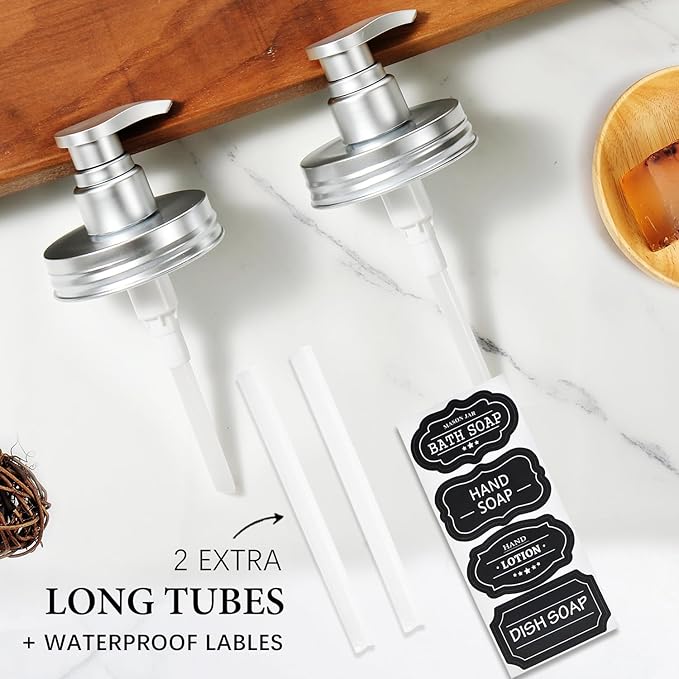 Amolliar Plastic Mason Jar Soap Dispenser Lids - Universal Pump Replacement for Regular Mouth Jar Farmhouse Decor for Kitchen, Bathroom, Dish Soap, Lotions, Hand Soap (2 Pack, Silver)