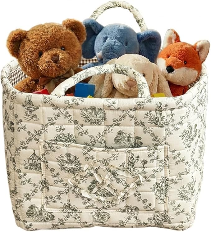 Quilted Fabric Basket Car Storage Basket Boho Floral Laundry Hamper for Nursery Bedroom & Living Room | Organize Clothes Toys