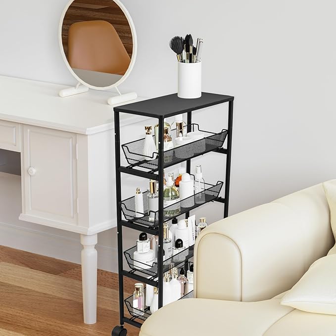 IBERG 5-Tier Slim Storage Cart with Wheels, Rolling Utility Cart with 4 Pull-Out Mesh Baskets for Kitchen, Bathroom & Laundry (Black)