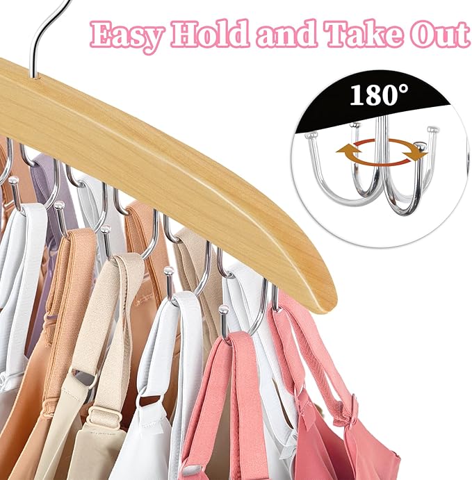 2 Pack Bra Organizer for Closet, 360° Rotating Bra Hanger Space Saving w/20 Foldable Metal Hooks, Tank Top Hanger Closet Organizers and Storage for Camisoles/Tank Tops/Bras/Belts/Scarves Wood