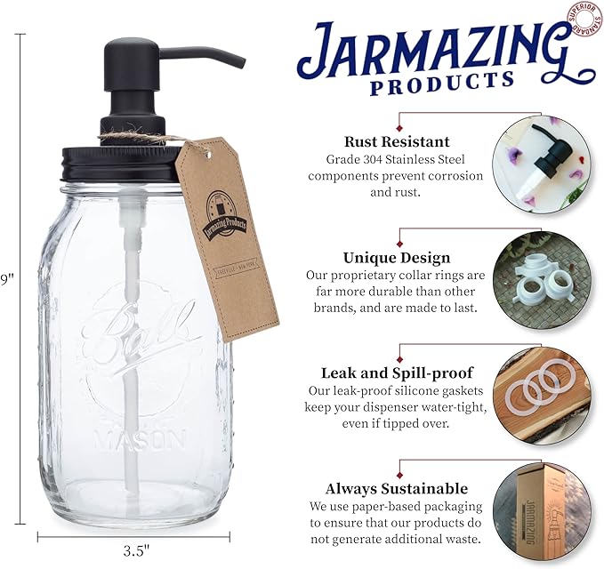 Quart Size Mason Jar Soap and Lotion Dispenser - Black - by Jarmazing Products - Made from Rust-Proof Stainless Steel