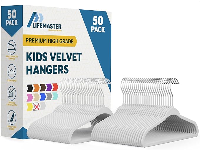 White Velvet Kids Hangers 50 Pack, 10.83" Non-Slip Baby & Toddler Hangers for Clothes, Space-Saving Slim ABS Plastic with 360° Swivel Hook & Notched Shoulders, Up to 10 lb Capacity