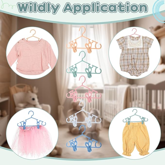 Hsei 5/10/40 Pack Baby Hangers with 10/20/80 Clips, Plastic Kids Pants Hangers for Nursery Closet Top and Bottom Clothes Hanger Set for Newborn Infant Toddler(120 Packs Total,Morandi Color,10.6 Inch)