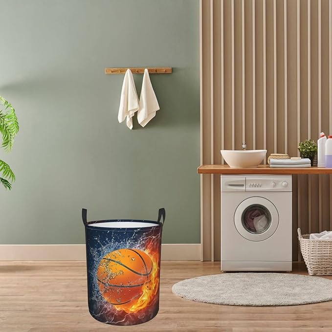 Dujiea Basketball Ball in Fire and Water Laundry Basket Round with Handle, Collapsible Foldable Canvas Storage Bin Dirty Clothes Bag for Laundry/Toys Organizer/College Dorm/Nursery/Decor(2 Sizes)