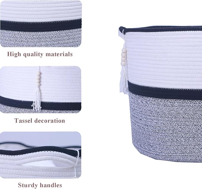 Large Woven Rope Laundry Hamper, Cotton Rope Storage Basket with Handles, Multipurpose Storage Basket for Laundry, Toys, Blankets in Bedroom, Bathroom, Living Room - Stylish & Durable (Black, 100L)