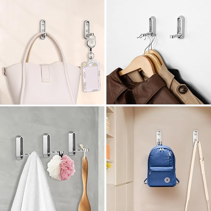 Folding Coat Hooks, 4 Pcs Foldable Silver Wall Hooks Heavy Duty Foldable Hook Bathroom Towel Hooks Robe Hooks Wall Mounted for Hanging Coat Towels Clothes Hat Bags Keys