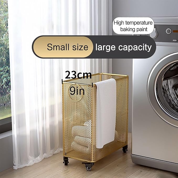Gold Metal Basket with Wheels - Rolling Laundry Hamper Cart - Yoga Mat Storage Rack - Wire Basket with Wheels