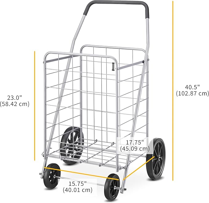Whitmor Deluxe Utility Foldable Shopping Cart with Wheels, 100 Lb Capacity, Heavy Duty Grocery Cart with Steel Frame, Foam Handle, Rolling Folding Utility Trolley for Grocery, Laundry, Travel, Gray
