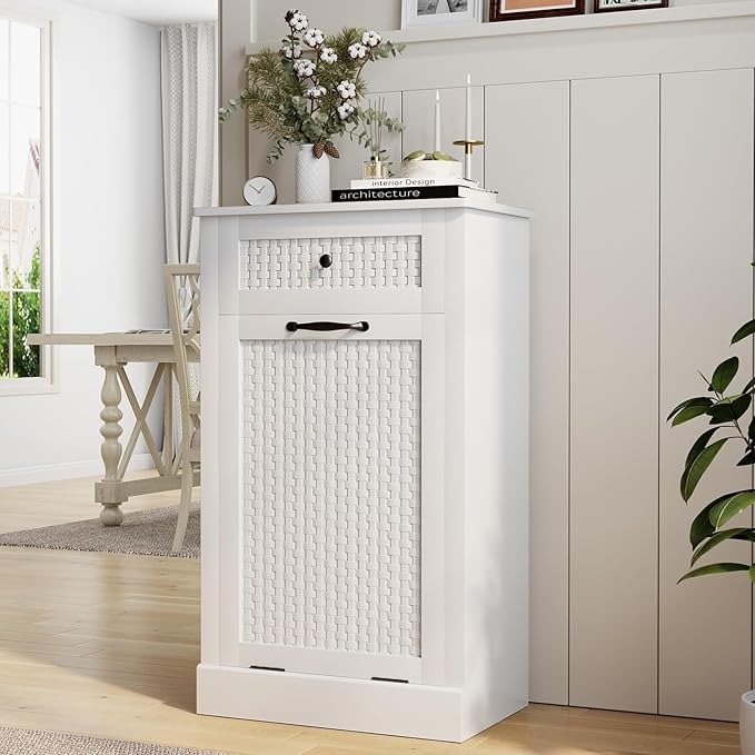 Tilt Out Laundry Hamper Cabinet, Rattan-Style Laundry Room Organization with Removable Laundry Basket, Hidden Wood Dirty Clothes Hamper with Drawer, 21.6" L x 13" W x 35.8" H, White