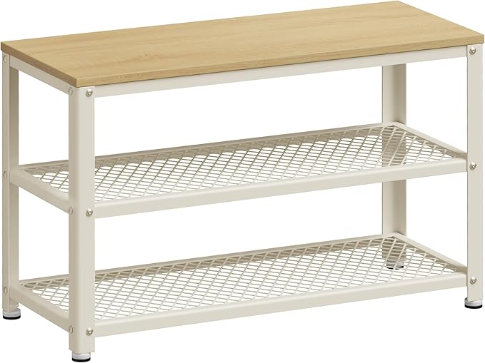 VASAGLE 3-Tier Shoe Rack, Shelf Storage Bench with Metal Mesh Shelves and Seat, Free Standing Shoe Organizer for Entryway, 11.8 x 28.7 x 17.7 Inches, Oak Beige and Classic White ULBS073W09