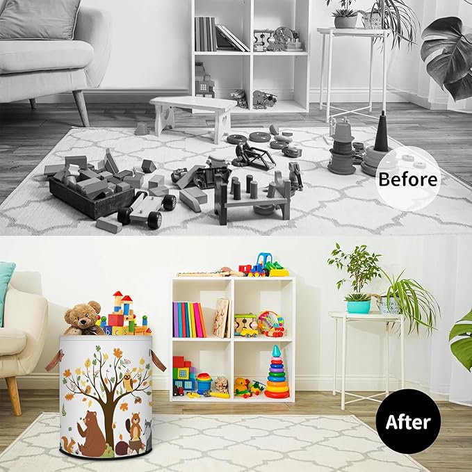 Kids Laundry Hamper Dirty Clothes Basket 18" Collapsible Polyester Sturdy & Lightweight Fall Animals Storage Bin with Handles for Bedroom Bathroom Living Room