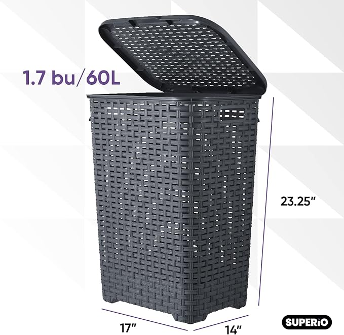 Plastic Laundry Hamper with Lid 3 Pack Laundry Hamper Basket, Grey Tall Cloths Hamper Organizer with Cut-out Handles. Space Saving for Laundry Room Bedroom Bathroom, Wicker Design 60 Liter