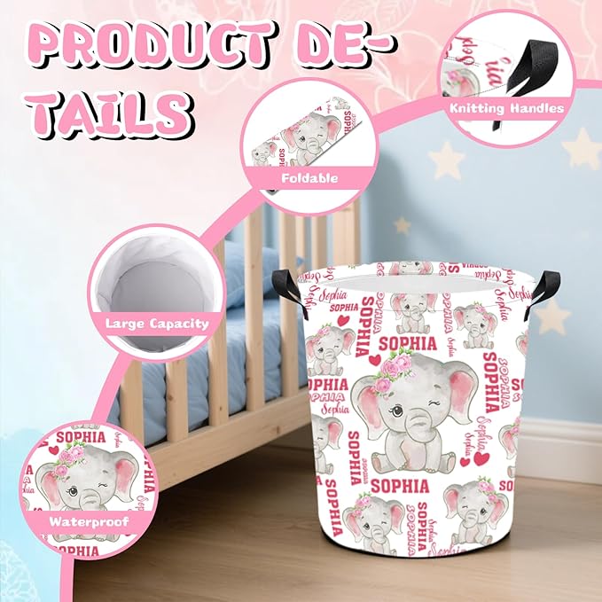 Personalized Laundry Hamper Custom Kids Dirty Clothes Hamper with Name Storage Basket for Bathroom Bedrooms Nursery for Baby Girls Boys Adults (Style-Pink Elephant)