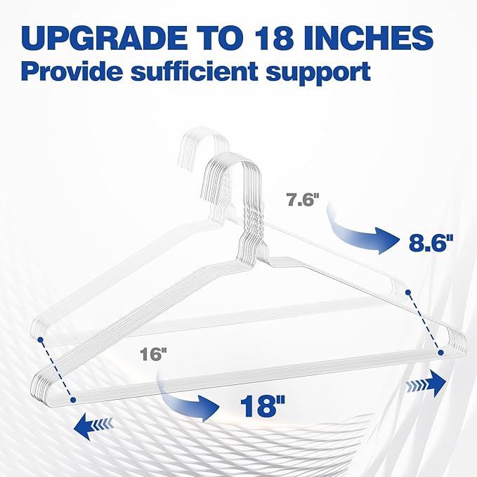 18 Inch Wire Metal Clothes Hangers Bulk 100 Pack, Extra Long for Large Size Suits, Coats, Shirts, Pants, Skirts, Ultra Thin, Space Saving, Non Slip, White