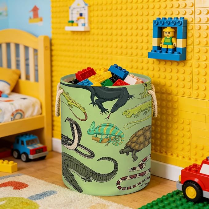 Laundry Hamper - Reptiles Snakes Lizards 58L Collapsible Waterproof Large Tall Nursery Storage Baskets Bin for Kids Toys, Clothes, Bathroom, Boys Bedroom Comic Hero Decor, Gift Basket