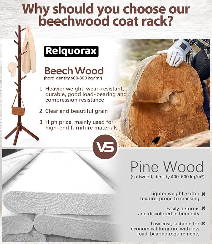 Beech Wood Coat Rack Stand with 9 Hooks, 3 Height Adjustable, simple Freestanding Solid Wooden Coat Tree Hanger for Clothes, Hats, Scarves, bags, Jackets, Bedroom, livingromm, Office(Brown)