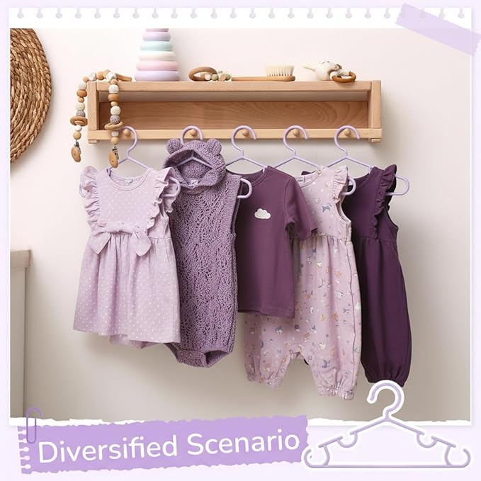 Hsei 60 Pack Pastel Color Kids Nursery Hangers Plastic Baby Hangers Heavy Duty Toddler Hanger for Pants, Coat, Skirts, Closet, Nursery Decor(Purple)
