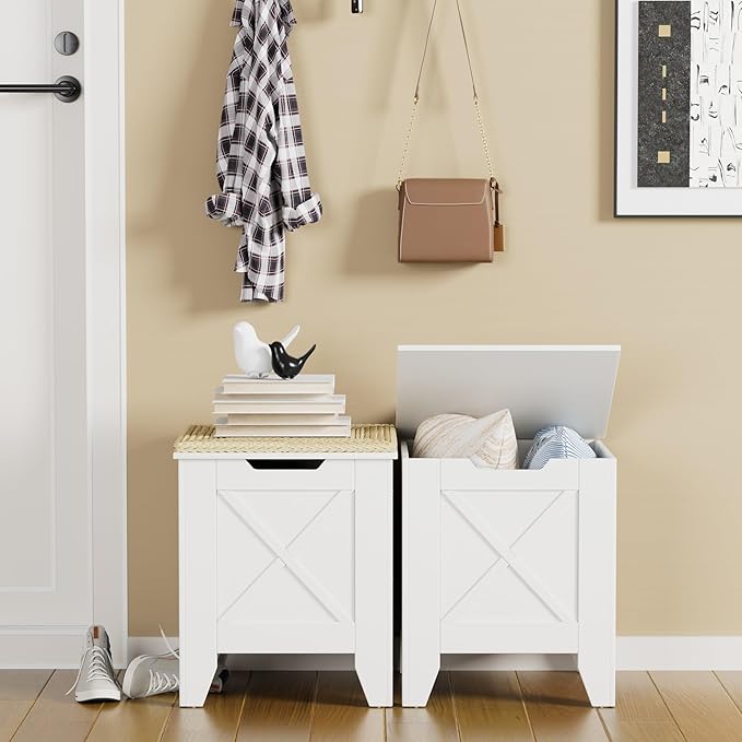 VECELO 17.7" Storage Bench, Entryway Shoe Ottoman, Farmhouse Style Bench with Handwoven Cushion and Metal Safety Hinges, for Bedroom, Living Room, Entryway, White