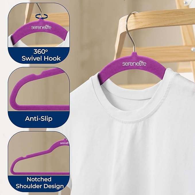 SereneLife 200 Pack Velvet Hangers - Non-Slip Felt Hangers with 360° Swivel Hook, Space-Saving, Ultra-Thin, Lightweight for Shirts, Sweaters, Hoodies, Kids Clothes & Dresses