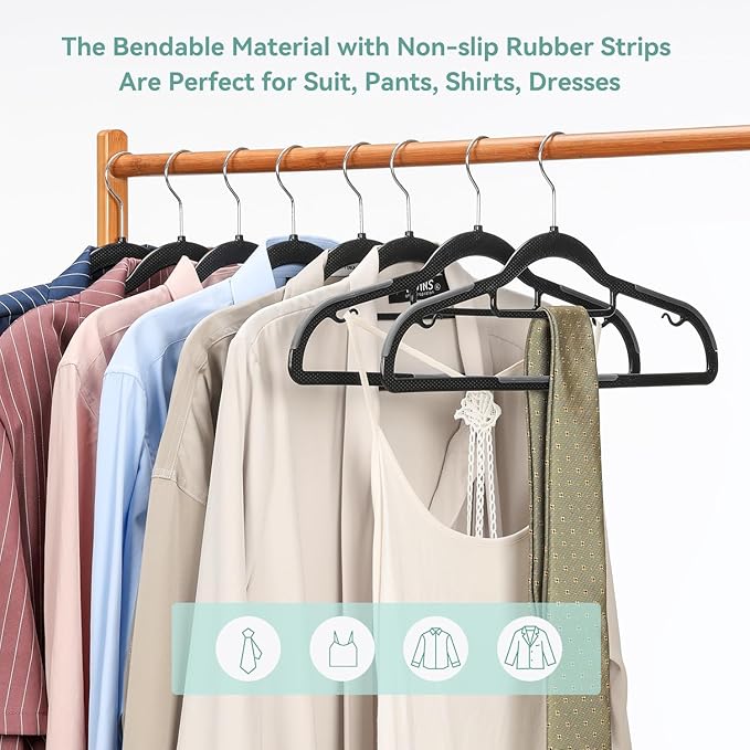 Coat Hangers 50 Pack, Plastic Clothes Hangers Non Slip with Rubber Grip, Heavy Duty Hanger with 360° Swivel Metal Hook, Ultra Thin Hangers Space Saving for Closet Organizer, Black and Dark Gray