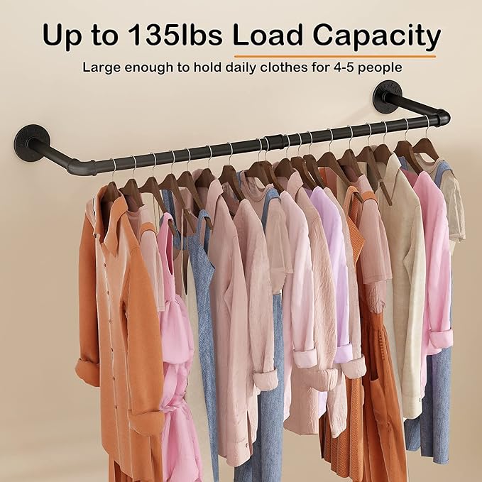 Wall Mounted Clothes Rack 38.4in, Industrial Pipe Wall Mount Clothing Rack, Heavy Duty Iron Garment Racks, Space Saver Multi-purpose Hanging Rod for Laundry Room, Closet Storage, 2 Packs