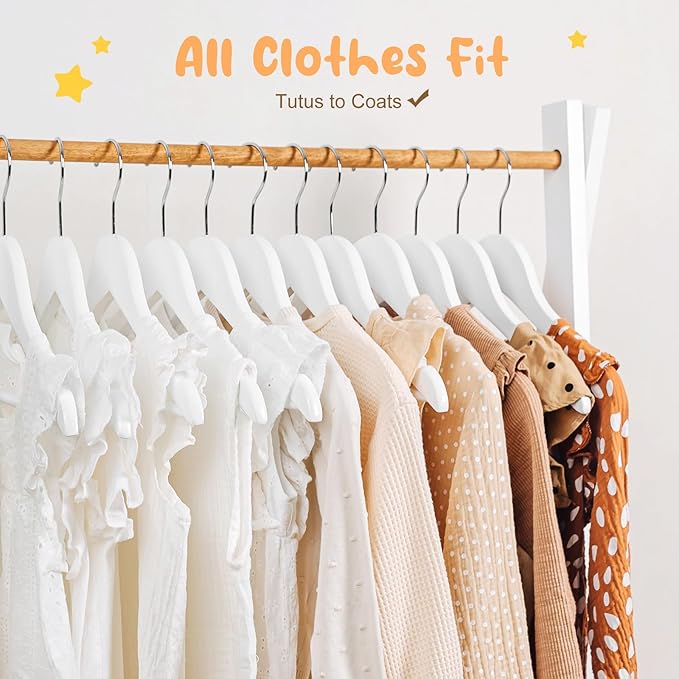 HOUSE DAY Kids Wooden Hangers 20 Pack, Wood Baby Hangers for Baby Clothes, Childrens Coat Hanger with Non Slip Pant Bar, 360° Swivel Hook, White