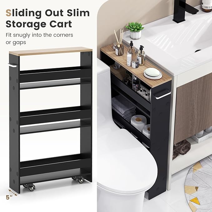 4-Tier Slim Rolling Storage Cart, Wooden Kitchen Utility Cart with Wheels & Handle, Space Saving Trolley, Slide Out Shelving Unit for Narrow Spaces, Laundry, Bathroom (Black + Natural)