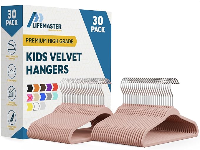 Pink Velvet Kids Hangers 30 Pack, 10.83" Non-Slip Baby & Toddler Hangers for Clothes, Space-Saving Slim ABS Plastic with 360° Swivel Hook & Notched Shoulders, Up to 10 lb Capacity
