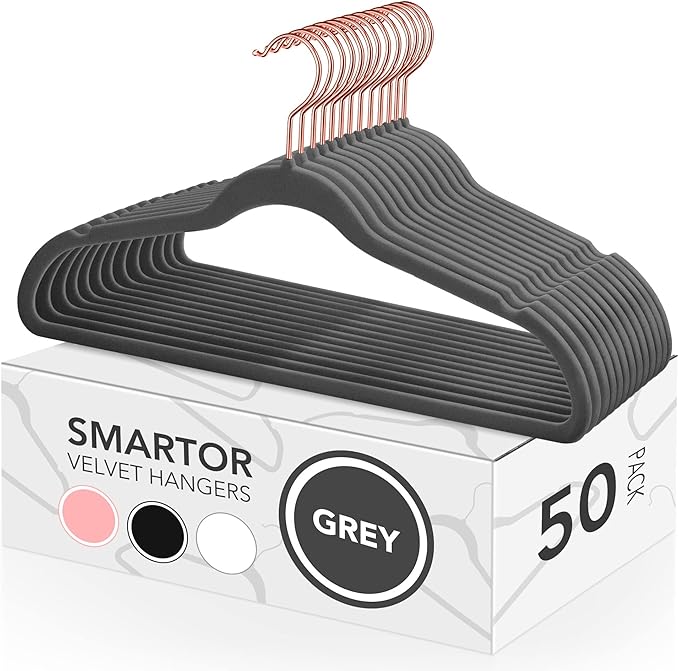 Smartor Grey Velvet Hangers 50 Pack, Non Slip Clothes Felt Hanger Heavy Duty for Coat, 360° Rotating Rose Glod Hook, Premium Slim Space Saving Hangers for Closet Organizer and Storage