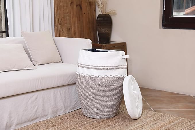 26"x20" Handcrafted Tall Cotton Rope Basket with Lid, Stylish Flagon Shape with Cover, Clothes Hamper with Top, for Bedroom and Living Room, White/Deep Camel White Mix