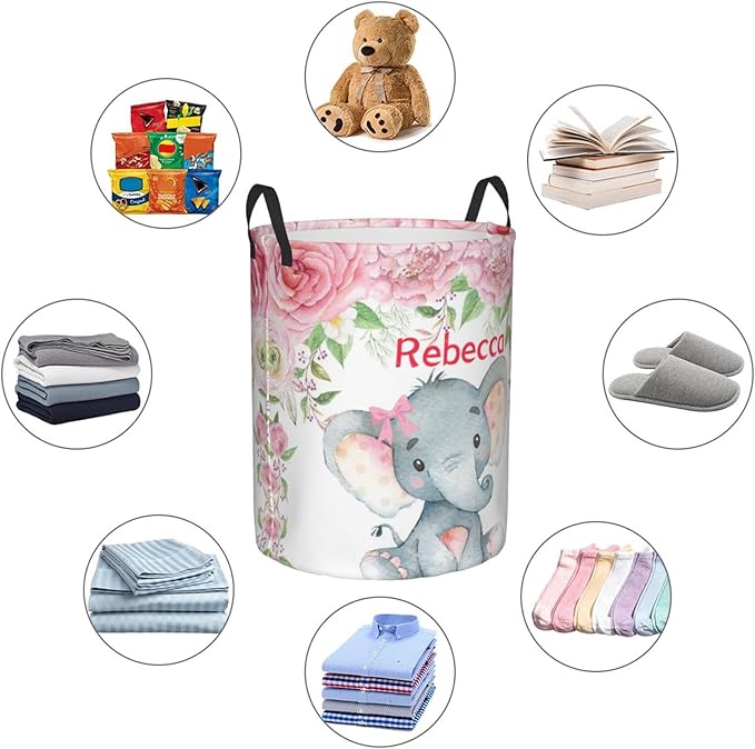 Pink Rose Elephant Personalized Laundry Hamper Custom with Name Collapsible Waterproof Storage Basket with Handles for Bedroom Decor Gift.