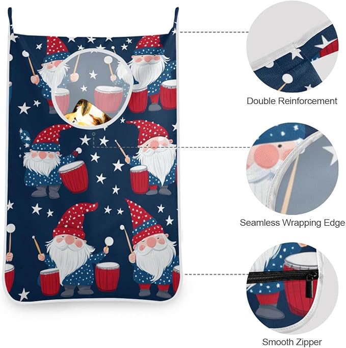 Hanging Laundry Hamper Over the Door with Stainless Steel Hooks Rack Dirty Clothes Wall Mounted Hamper Basket Bag 29.5X20inch July 4th Gnomes Drum Dark Blue