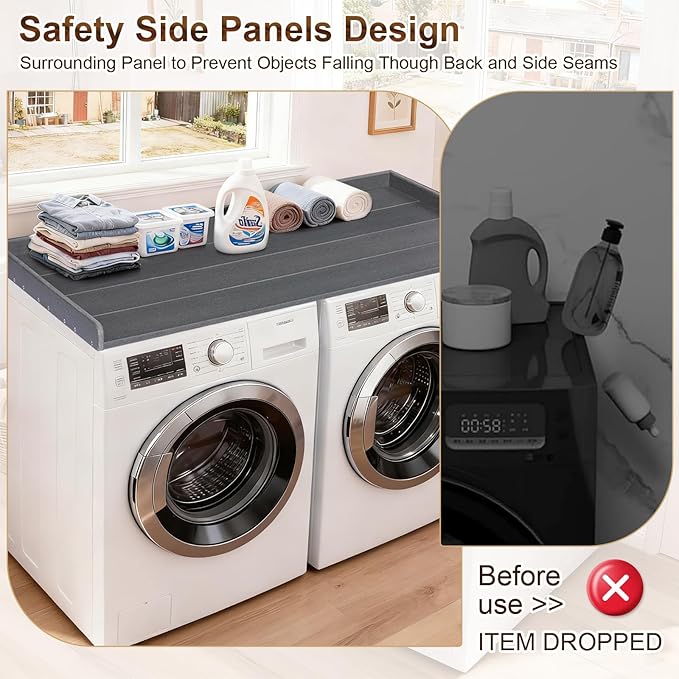 Washer Dryer Countertop, HDPE Laundry Countertop with Edge Rails, No-Installation-Grey