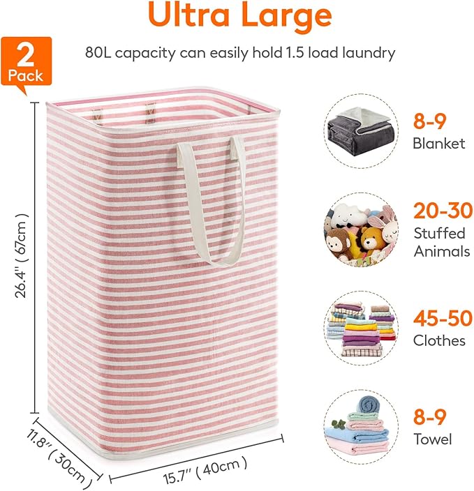 Lifewit 2 Pack Laundry Hamper Large Collapsible Laundry Baskets, Freestanding Waterproof Clothes Hamper with Easy Carry Handles in Laundry Room Bedroom Bathroom College Dorm, Pink, 2 x 80L