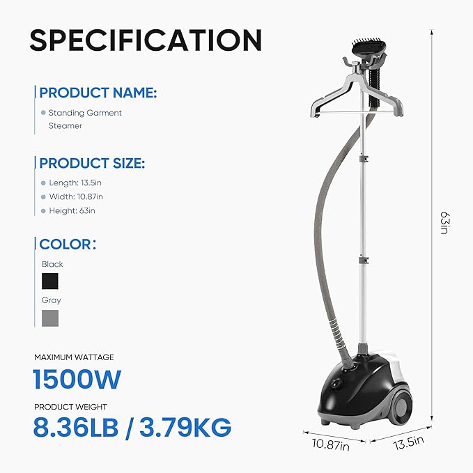 NEWBULIG Garment Steamer for Clothes Standing, 1500W Efficient Clothes Steamer Standing with Wheels, Professional 58OZ Water Tank for Continuous Steaming, Fast Heating Wrinkle Remover