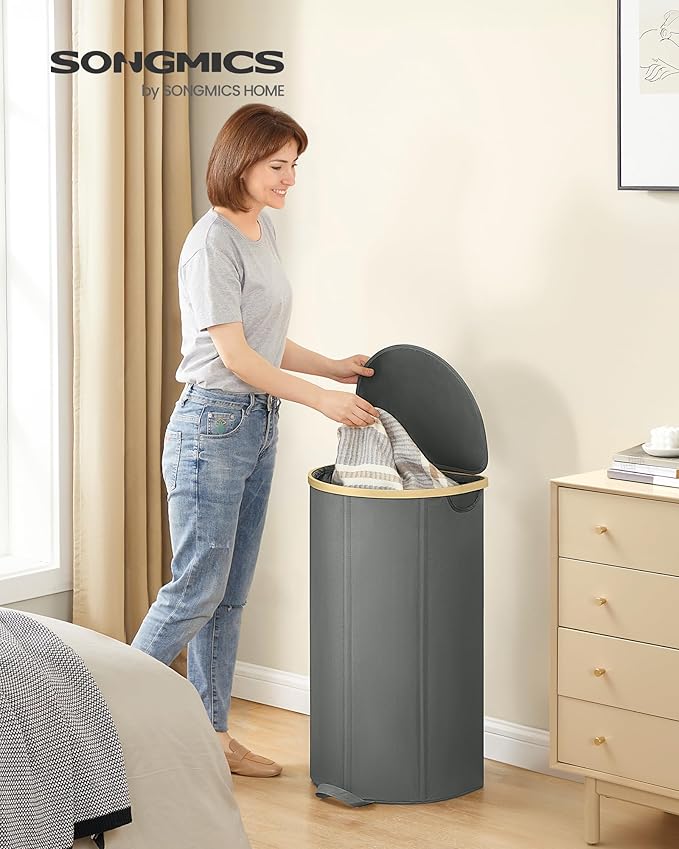 SONGMICS Laundry Hamper, Laundry Basket with Lid, 23.8 Gal. (90 L), with Removable Liner Bag, for Laundry Room, Bedroom, Living Room, Slate Gray and Light Bamboo ULCB547G01