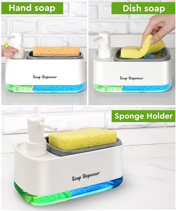 Hand and Dish Soap Dispenser Set for Kitchen, Dual Soap Dispenser with Sponge Holder, 3-in-1 Countertop Soap Pump Dispenser for Kitchen Sink, Useful Kitchen Gadgets - White