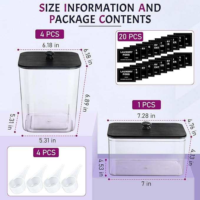 5 Pack Laundry Pods Container, Clear Laundry Room Organization Containers,Large Laundry Detergent Powder Storage Containers Black Wooden Lids & Labels, Acrylic Dryer Sheet Holder Decor
