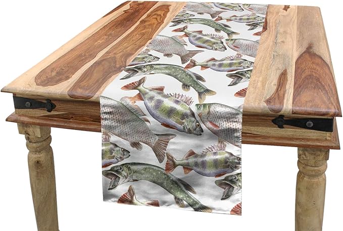Ambesonne Fishes Table Runner, Watercolor Common Carp Perch and Bass Freshwater Animals Themed Seafood Drawing, Dining Room Kitchen Rectangular Runner, 16" X 72", Mauve Sage Green