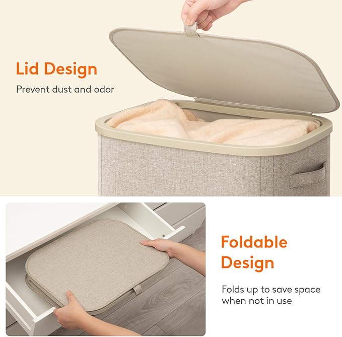 Lifewit 105L Plastic Laundry Basket with Lid, Large Clothes Hamper with Wheels and Removable Bag, Tall Collapsible Rolling Storage Bin for Dorm Bedroom Bathroom, Beige