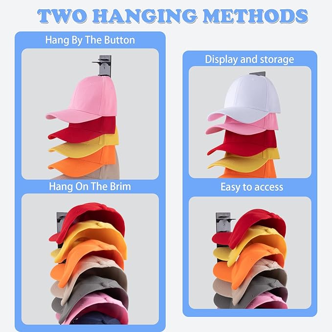 Hat Organizer for Baseball Caps, 2 Pack Hat Rack for Wall Hold up to 18 Hats Strong Adhesive Hat Hooks Stand Multilayer Hat Hanger Organizer Storage Holder Display for Door Closet Bedroom