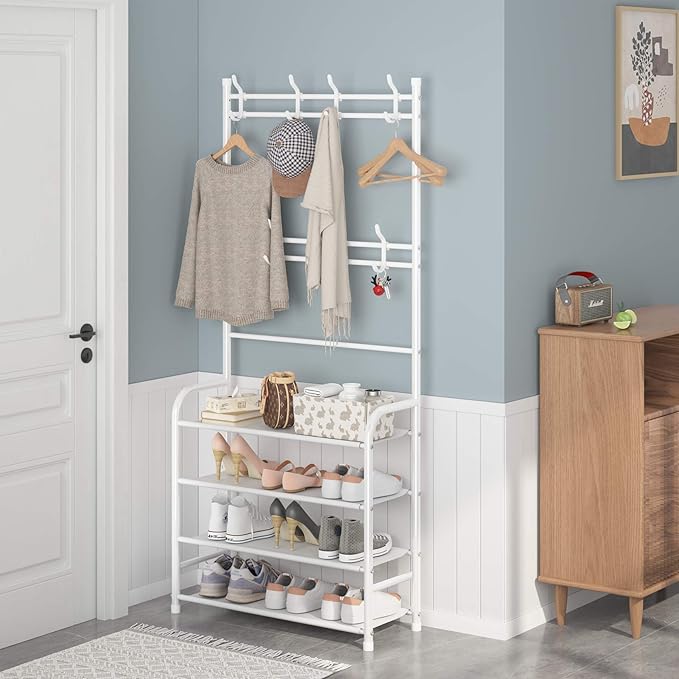 UDEAR Entryway Coat Rack,Hall Tree Storage Shelf,Easy Assembly,with 4-Tier Shelf for Storage Shoes,Clothes,White